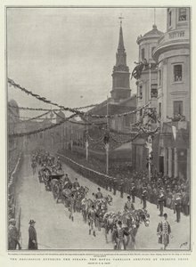 Procesja wkracza na Strand, powóz królewski wjeżdża na Charing Cross